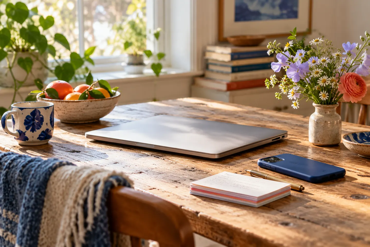 Closed laptop, phone and note cards on a calm sunlit table with fresh flowers.