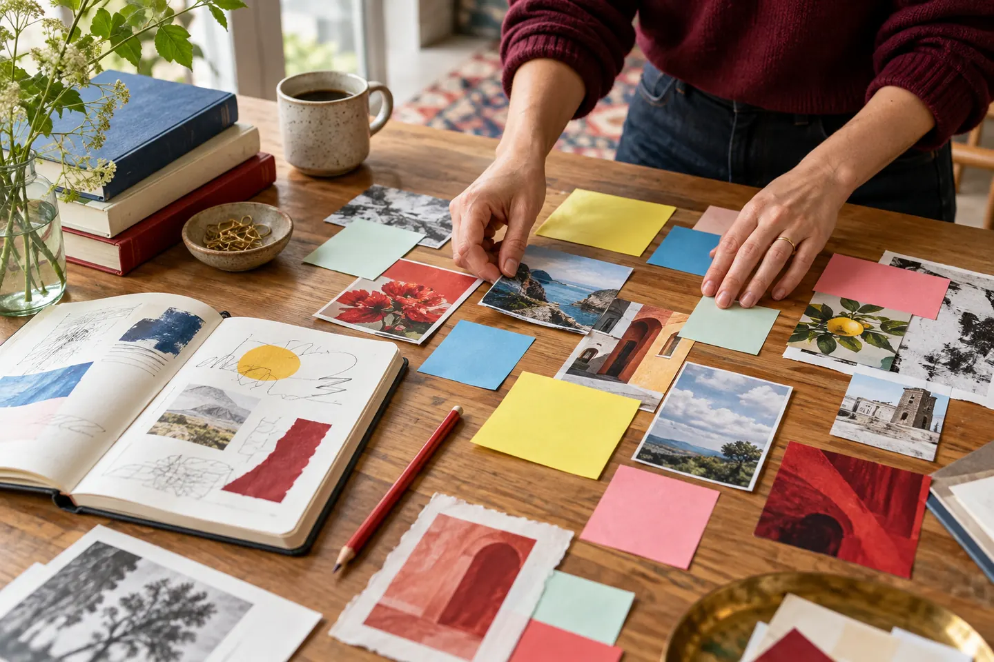 Hands arranging colorful notes and reference images beside an open notebook.